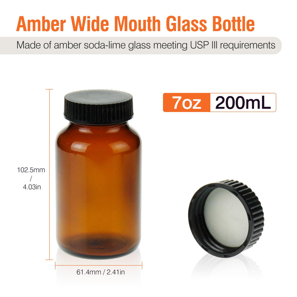 PEKYBIO 24 Pack Amber Glass Wide Mouth Packer Bottle, 200ml (6.7oz) Capacity with Black Screw Cap for Essential Oils, Laboratory, Sample Storage, Spices, Jewelry