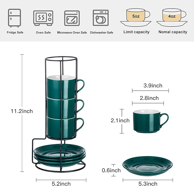 4oz Porcelain Stackable Espresso Cups with Saucers and Metal Stand Set of 4, Stackable Cappuccino Cups, Green Expresso Shots Cup Set for Coffee Drinks, Latte, Americano, Tea