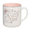 Christian Art Gifts Floral Pink Ceramic Coffee Mug – 14 oz. Lead and Cadmium-free, Non-toxic Inspirational Scripture Coffee and Tea Mug for Women with Worship Song and Hymn: It is Well with My Soul
