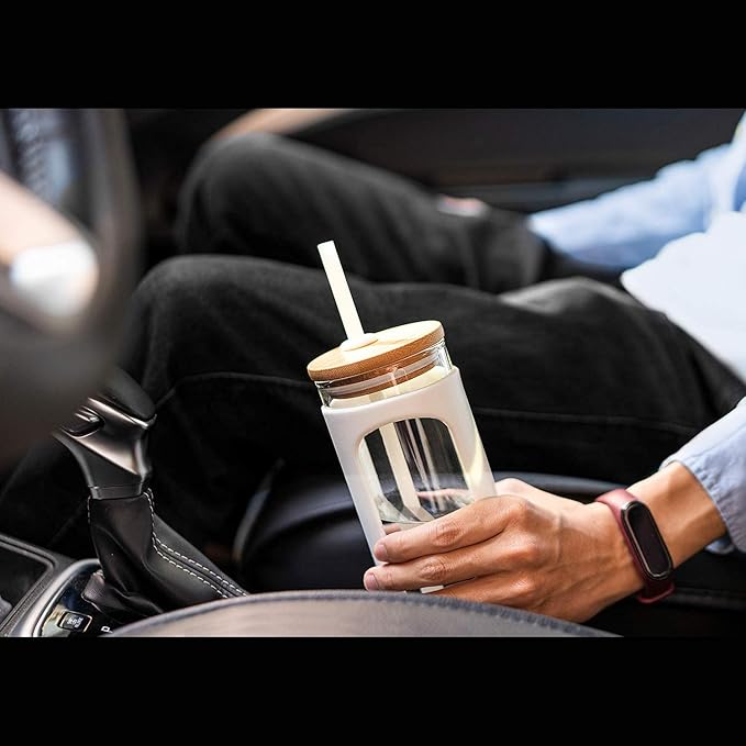 Kodrine 20oz Glass Tumbler with Straw and Lid, Bamboo Lids Water Bottle, Reusable Iced Coffee Cups, Wide Mouth Smoothie Cup with Protective Silicone Sleeve BPA FREE-White-2pack