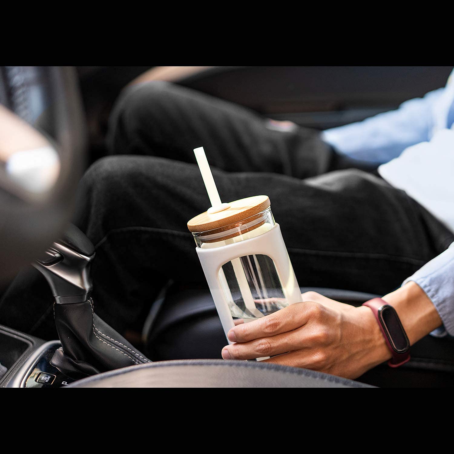 Kodrine 20oz Glass Tumbler with Straw and Lid, Bamboo Lids Water Bottle, Reusable Iced Coffee Cups, Wide Mouth Smoothie Cup with Protective Silicone Sleeve BPA FREE-Purple-2pack