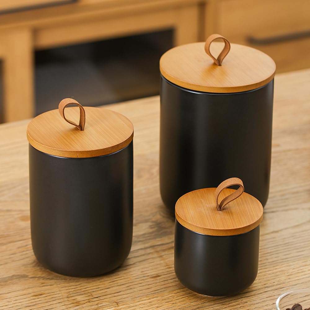 Jueison Ceramic Storage Jars, Modern Airtight Canisters with Wooden Lid (Black medium)