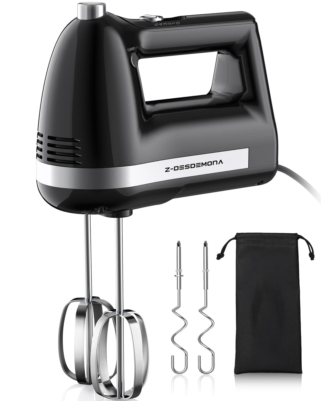 Z-DESDEMONA Electric Hand Mixer, Powerful Hand Mixer Electric Handheld with 304 Beaters, Dough Hook, Whisk, Hand Held Mixer with Turbo for Baking Cakes, Eggs, Cream Food(Black)