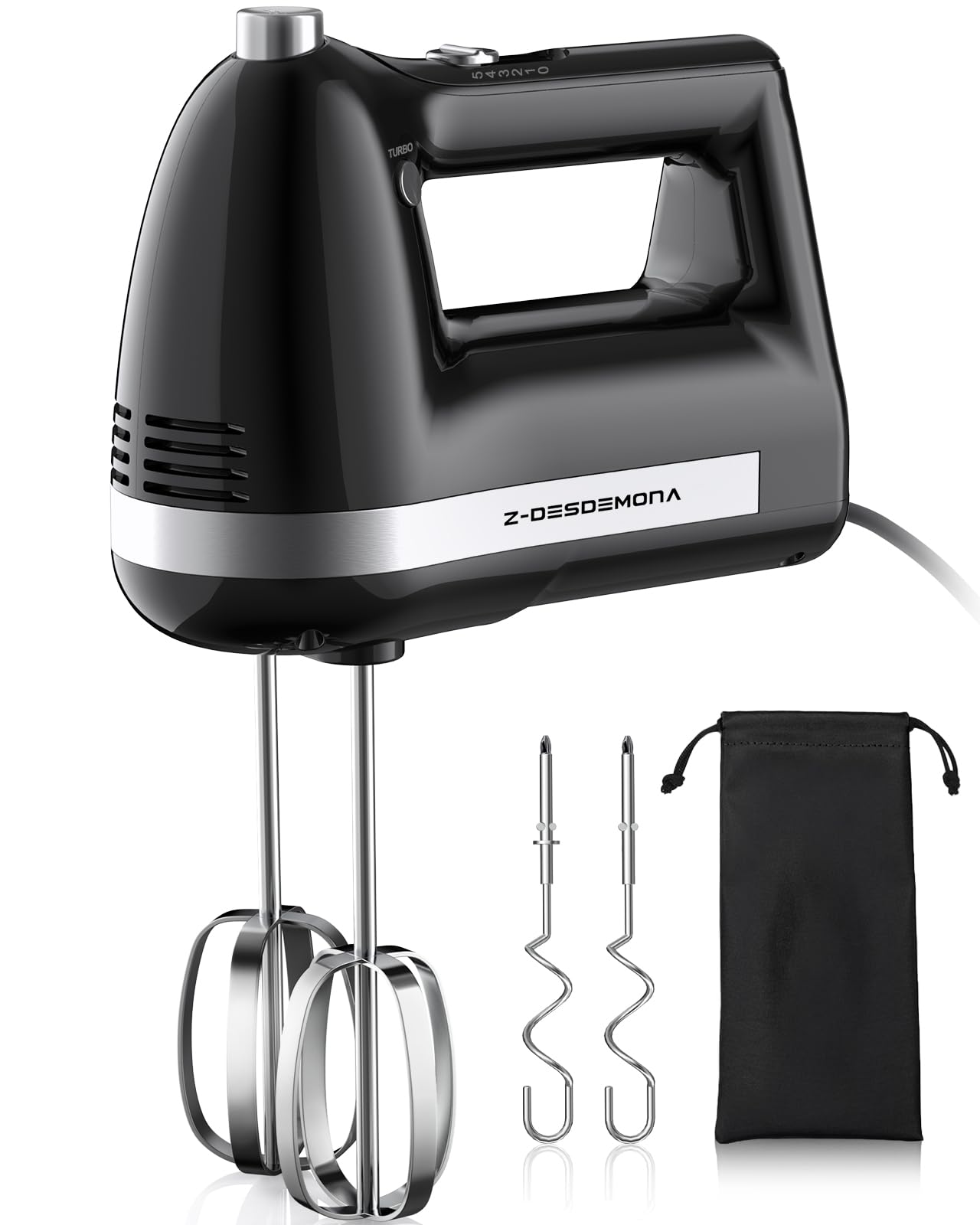 Z-DESDEMONA Electric Hand Mixer, Powerful Hand Mixer Electric Handheld with 304 Beaters, Dough Hook, Whisk, Hand Held Mixer with Turbo for Baking Cakes, Eggs, Cream Food(Black)
