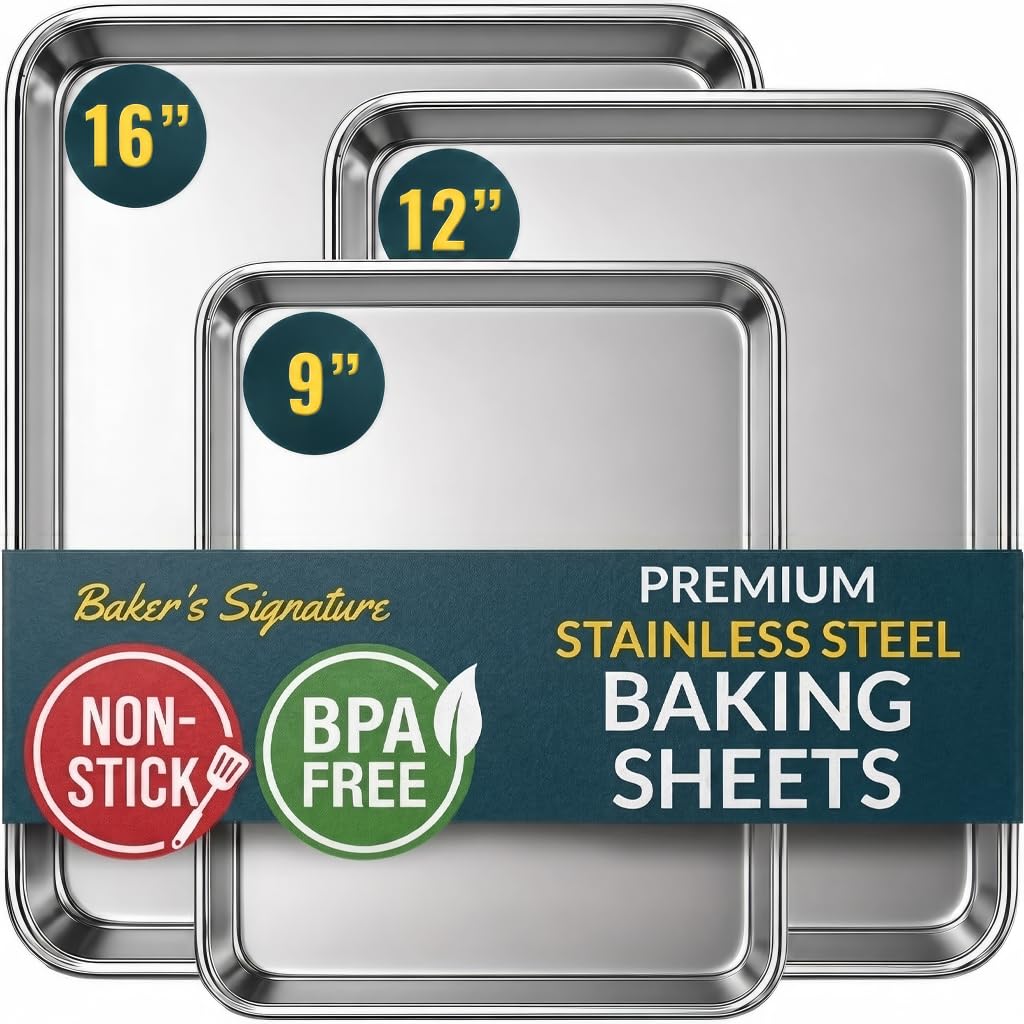 Stainless Steel Cookie Sheet Set of 3, 9/12/16" Baking Sheet Pans
