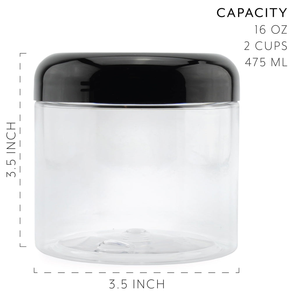 Cornucopia Brands 16oz Clear Plastic Jars w/Domed Lids (6-Pack); BPA Free PET Stackable Straight Sided Canisters for Bathroom & Kitchen Storage