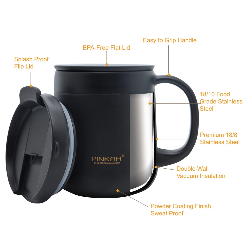 PINKAH 11OZ 330ML Stainless Steel Insulated Coffee Mug with Handle, Double Wall Stainless Steel Tumbler Cup with 2 Lids, Black