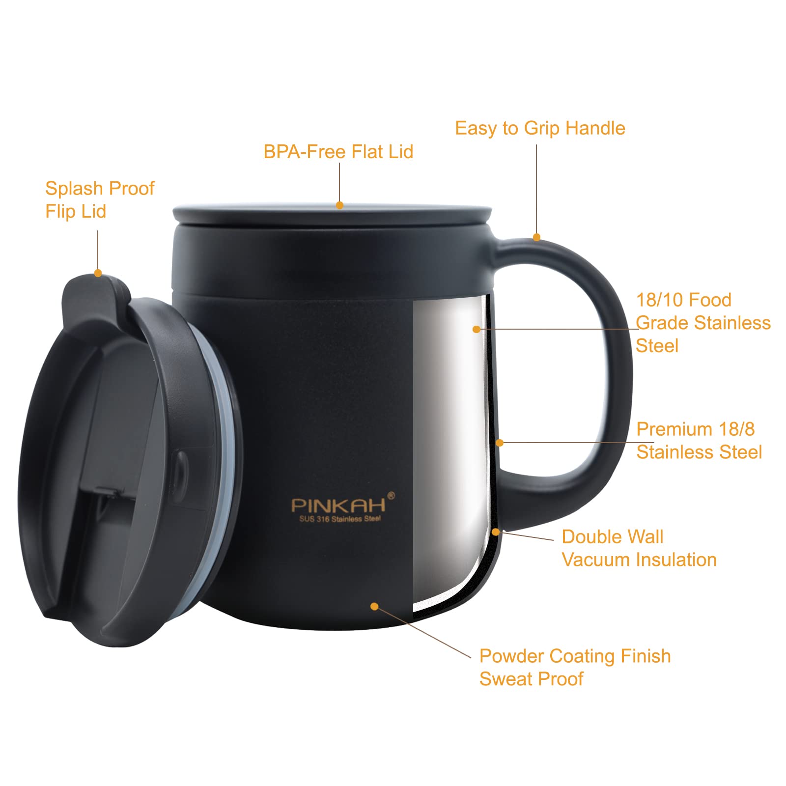 PINKAH 11OZ 330ML Stainless Steel Insulated Coffee Mug with Handle, Double Wall Stainless Steel Tumbler Cup with 2 Lids, Black