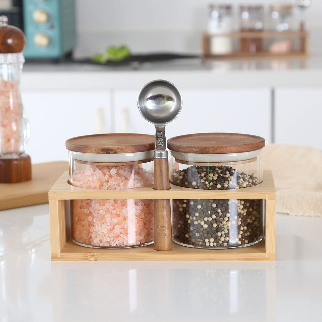 KKC Glass Coffee Containers with Wood Lids - 2 Pack 18oz (550ml) Airtight Espresso Canisters with Holder Stand and 1 TBSP Spoon - Small Coffee Bar Countertop Decor Accessories, Tea Storage Jar Set
