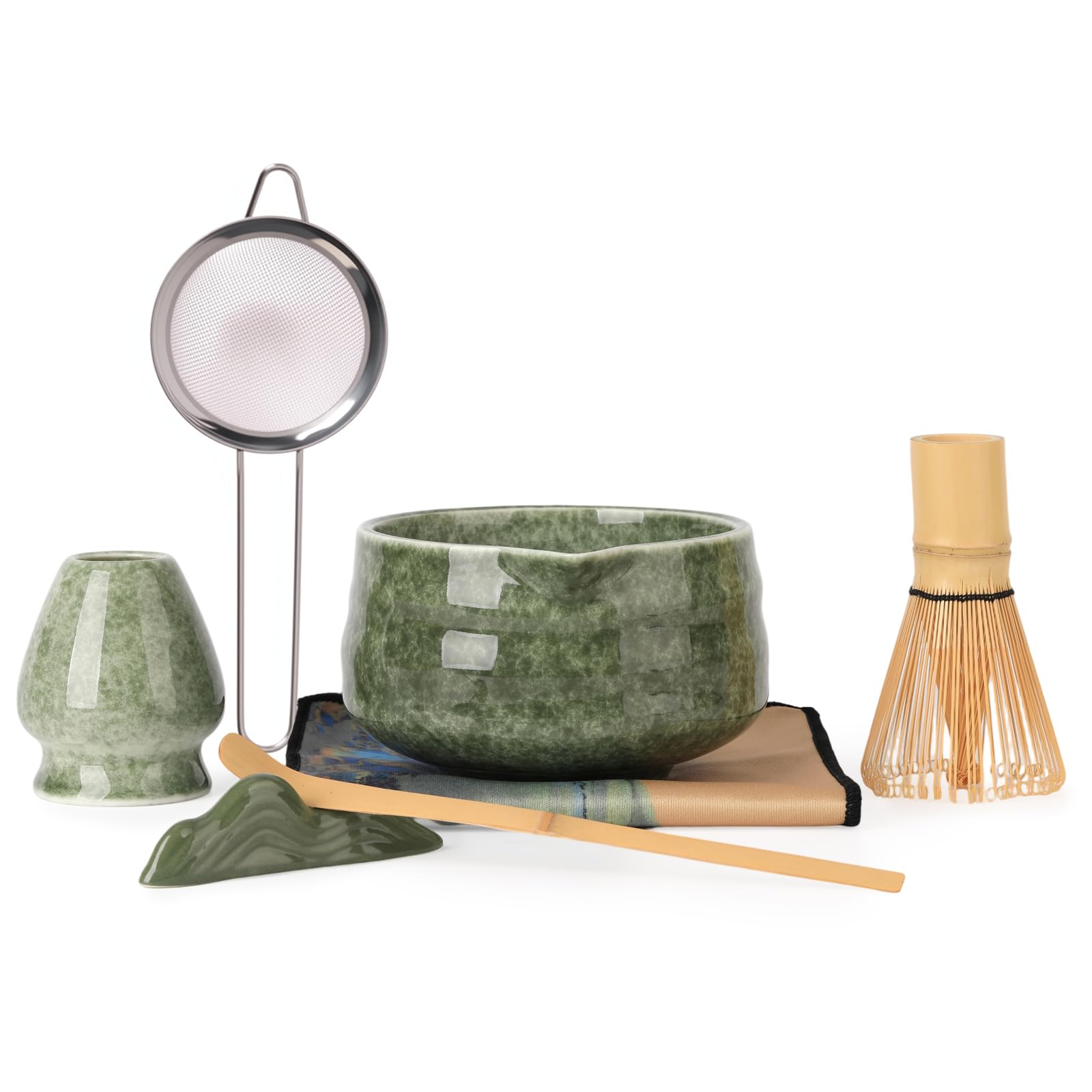VONAHAST Japanese Matcha Whisk Set - 7-Piece Kit Bamboo Chasen, Ceramic Bowl with Spout, Stainless Steel Sifter & Holder Green