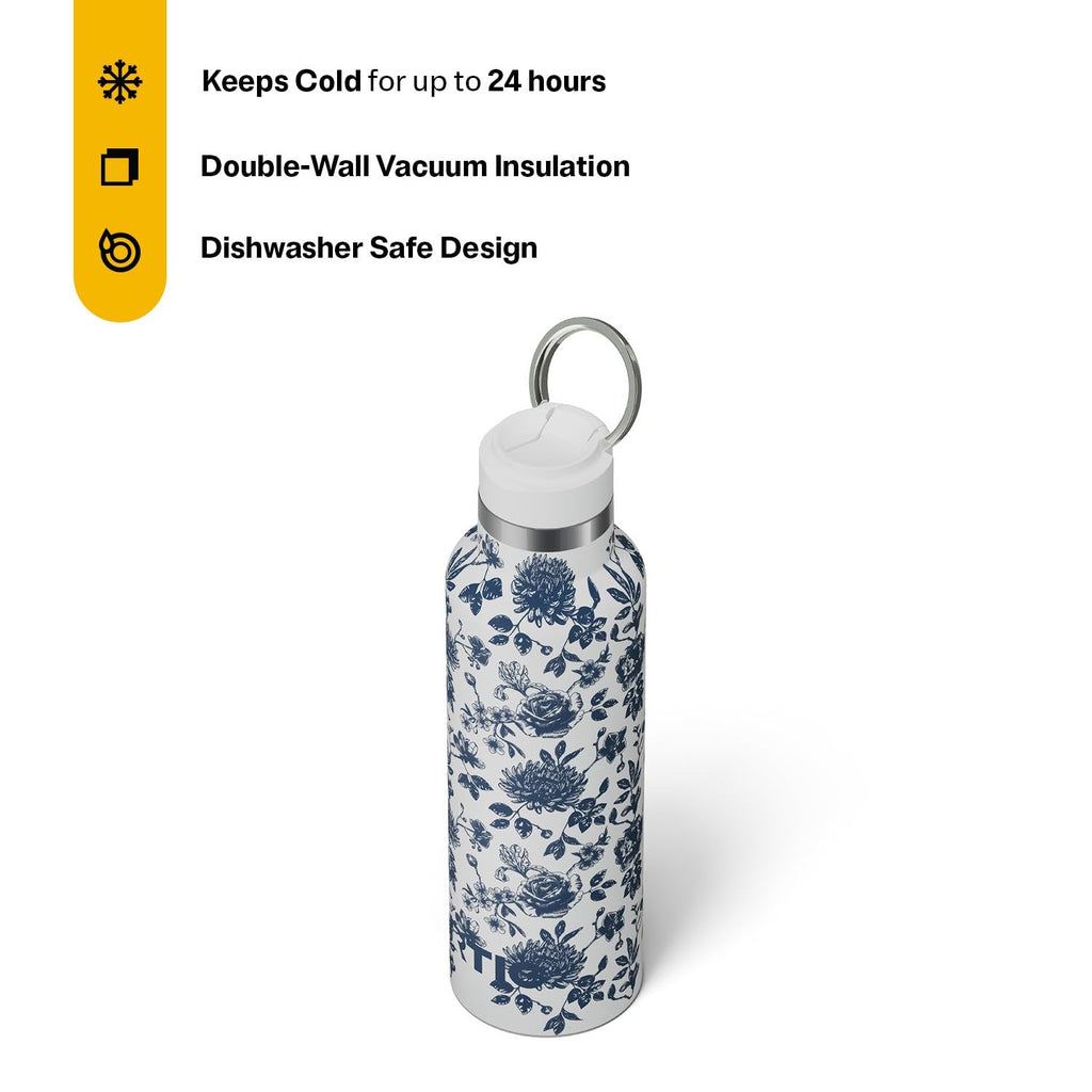 RTIC 20oz Journey Water Bottle Ceramic Lined Metal Stainless Steel Vacuum Insulated, BPA Free, Reusable, for Water, Hot and Cold Drinks, Travel, Sports, Camping, Blue Bouquet