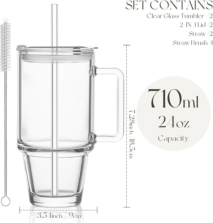 KEMORELA Glass Cups with Lids and Straws 2PCS, 24oz Clear Tumblers with Handle, Reusable Drinking Glasses for Iced Coffee, Tea, Water, Leak Proof Lid, Dishwasher Safe