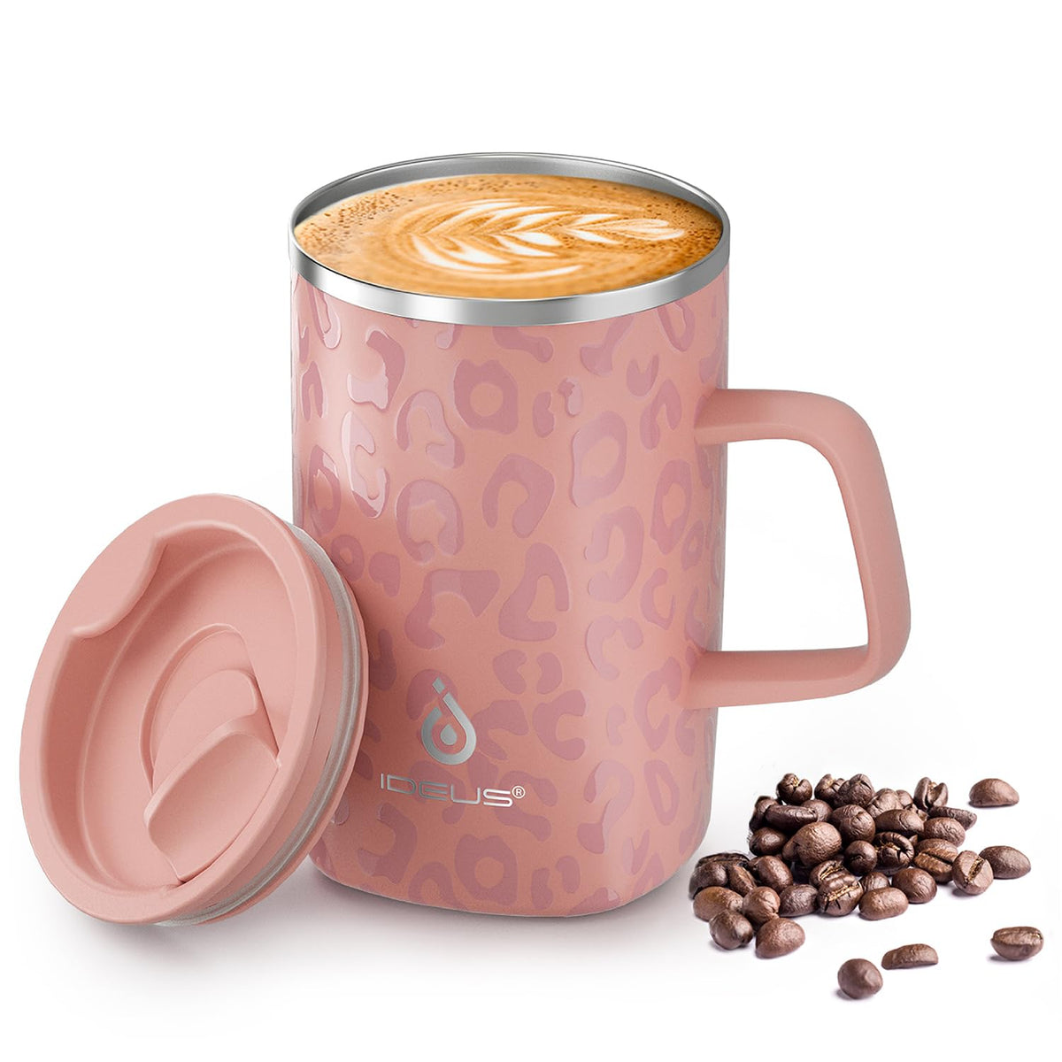 Ideus 16 oz Insulated Coffee Mug with Lid and Handle, Leopard Black