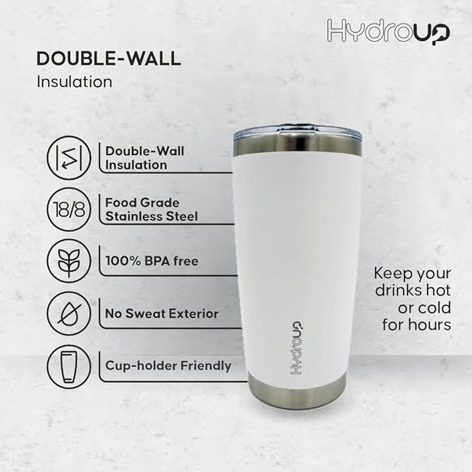 20 oz Tumbler Cup | Stainless Steel Insulated Coffee Mug with Lid | Coffee Travel Mug & Iced Coffee Cup | Leakproof Coffee Tumbler | BPA-Free Insulated Tumblers (White)