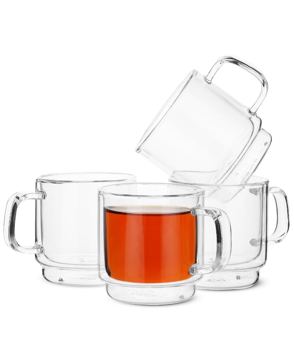 BTaT- Double Walled Stackable Glass Coffee Mugs, 8 oz, Set of 4, Glass Coffee Cups with Handle, Insulated Clear Coffee Mug for Hot and Cold Beverages, Cappuccino, Latte, Tea, Americano