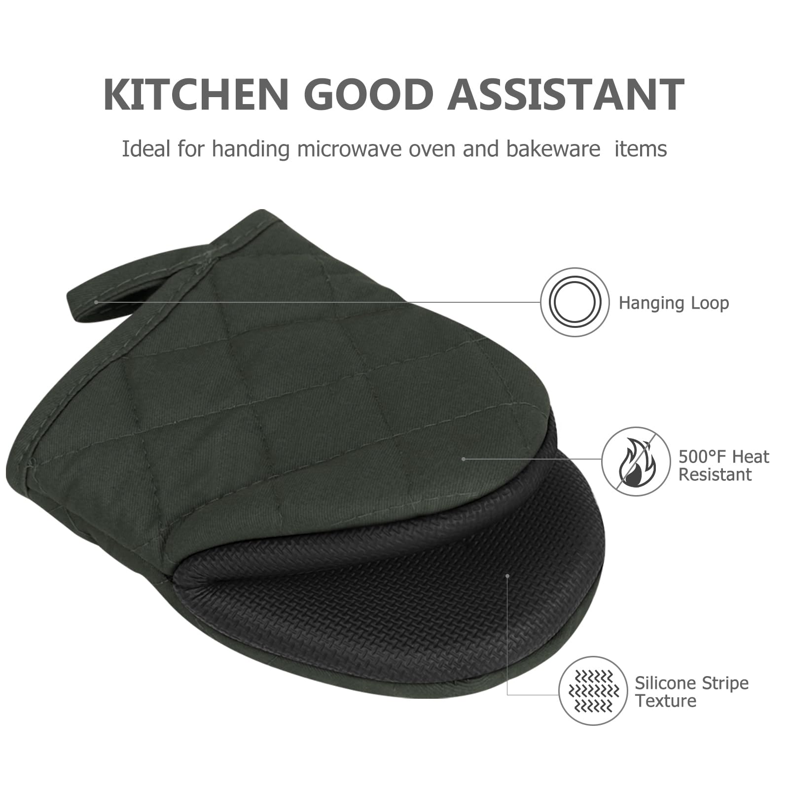 Short Oven Mitts, Heat Resistant 500°F, Silicone Grip Kitchen Gloves, Non-Slip for Baking, Grilling, BBQ, Machine Washable with Hanging Loop, 2-Pack Set, Black