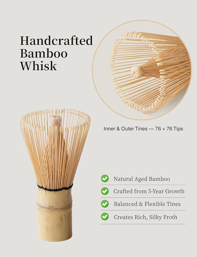 6-pcs Japanese Matcha Whisk Set with Handmade Wabi-Sabi Ceramic Bowl(Chawan),Bamboo Chasen, Whisk Holder, Scoop, Sifter & Tea Towel,Matcha Ceremony Kit,(Silent taupe)