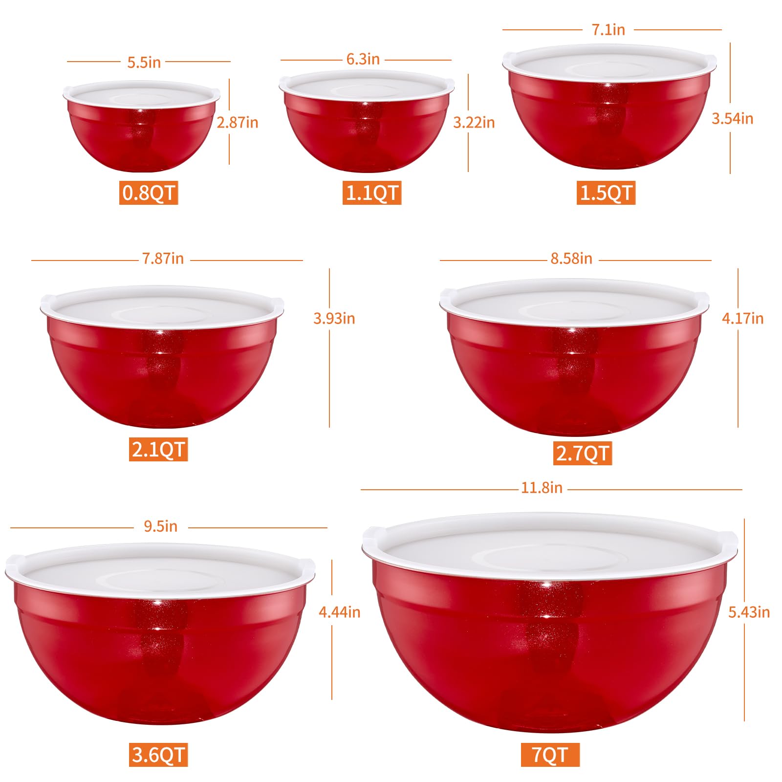 Onlycooker Red Mixing Bowls With Airtight Lids,Stainless Steel Bowl,Salad Bowls 7 Piece Colorful Nesting Bowl Red Kitchen Accessories,Size 7,3.6,2.7,2.1,1.5,1.1,0.8QT Stackable Design