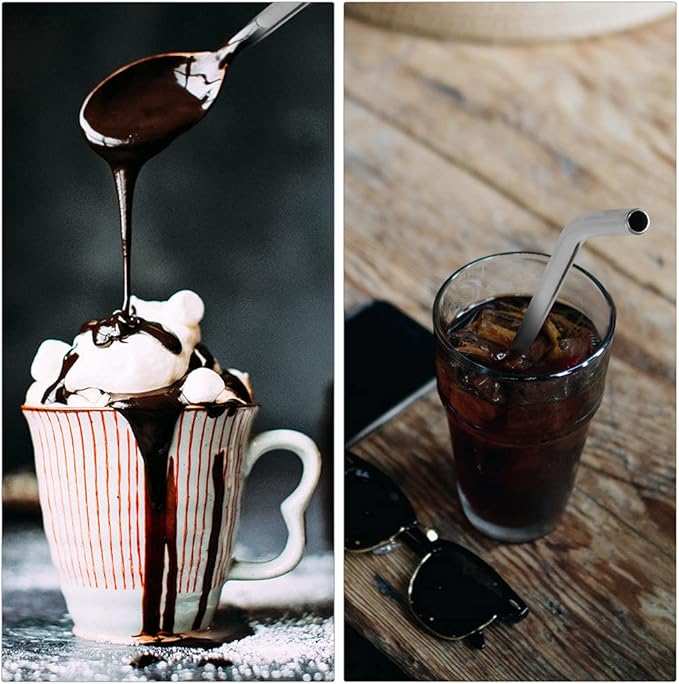 8Pcs Stainless Steel Straws Spoons, Reusable Metall Straws Spoon with 2 Cleaning Brushes,2 in 1 Snow Cone Straws Drinking Reusable Stainless Steel Ice Tea Long Spoons Straws for Cocktail Milkshake