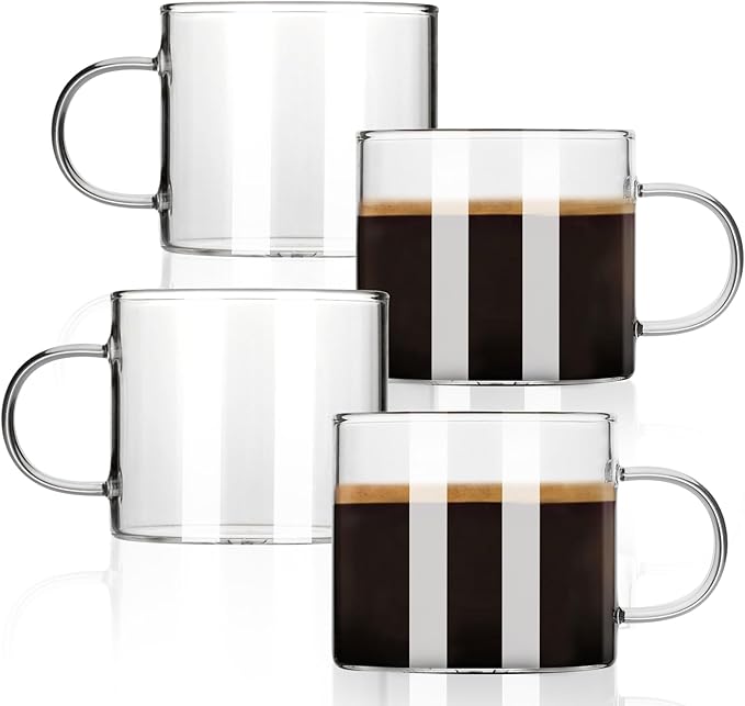 BOILMERIT Espresso Cups Set of 4, 5 oz Small Shot Glasses with Handle, Clear Demitasse Mugs for Double Espresso or Tea, Coffee Machine Accessories