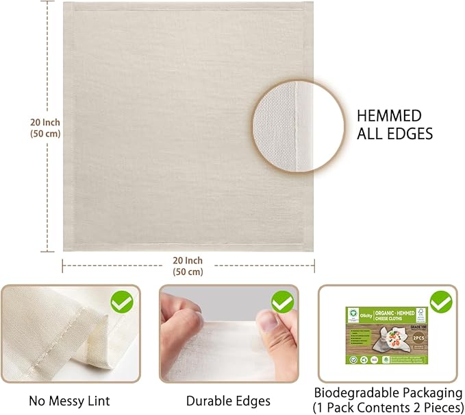 Organic Cheese Cloths, GOTS Certified, 2PCS, Grade 100, 20x20Inch Hemmed Cheese Cloth Reusable Muslin Cheesecloth for Straining, 100% Cotton Unbleached Fine Mesh Cloth Cheese Cloths for Cooking, Herbs