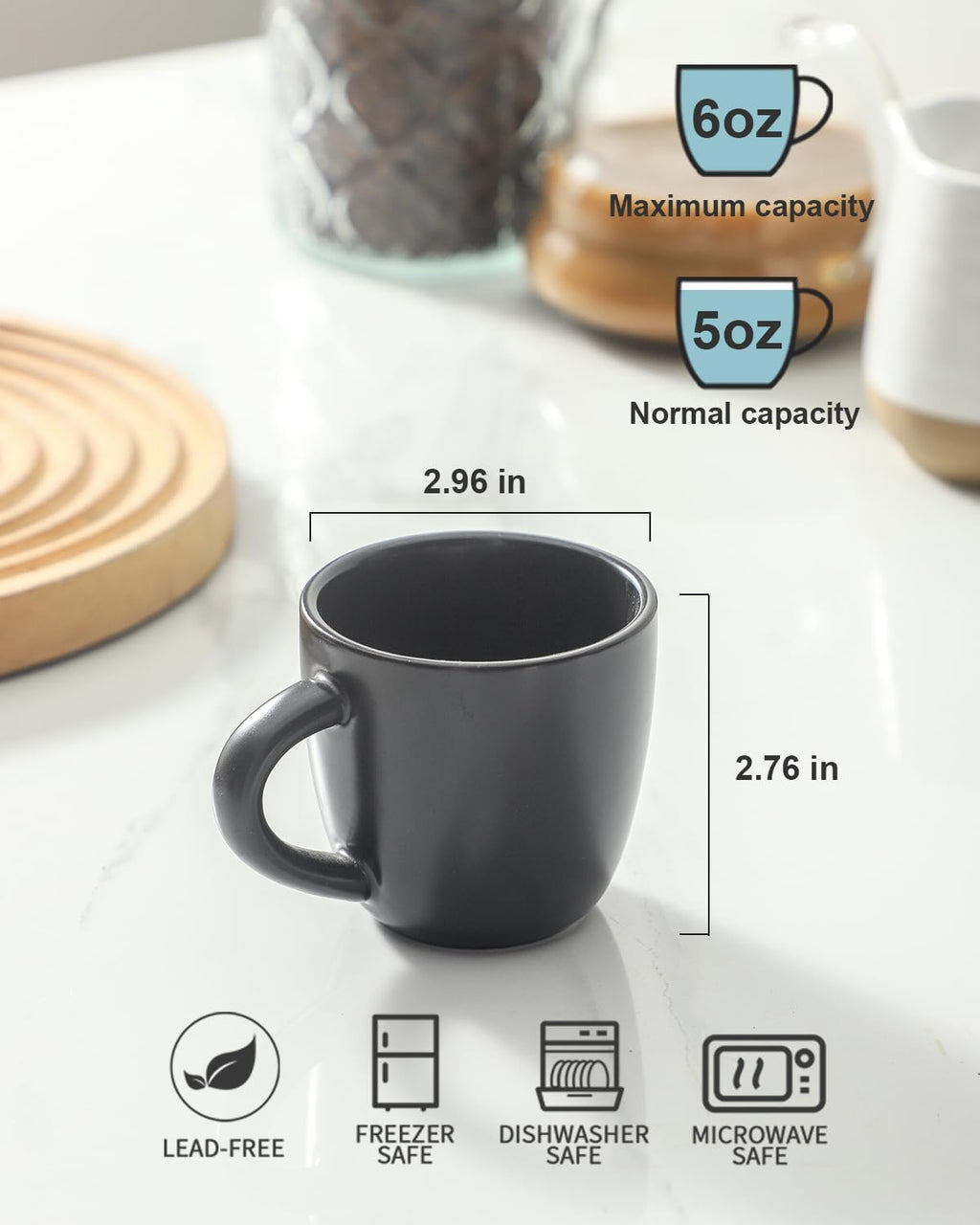 HASENSE 5 Ounce Espresso Cups Set of 4, Ceramic Stackable Mini Coffee Mugs with Handle for Demitasse, Cappuccino, Latte, Americano, Suit for Espresso Machine and Coffee Maker, Black