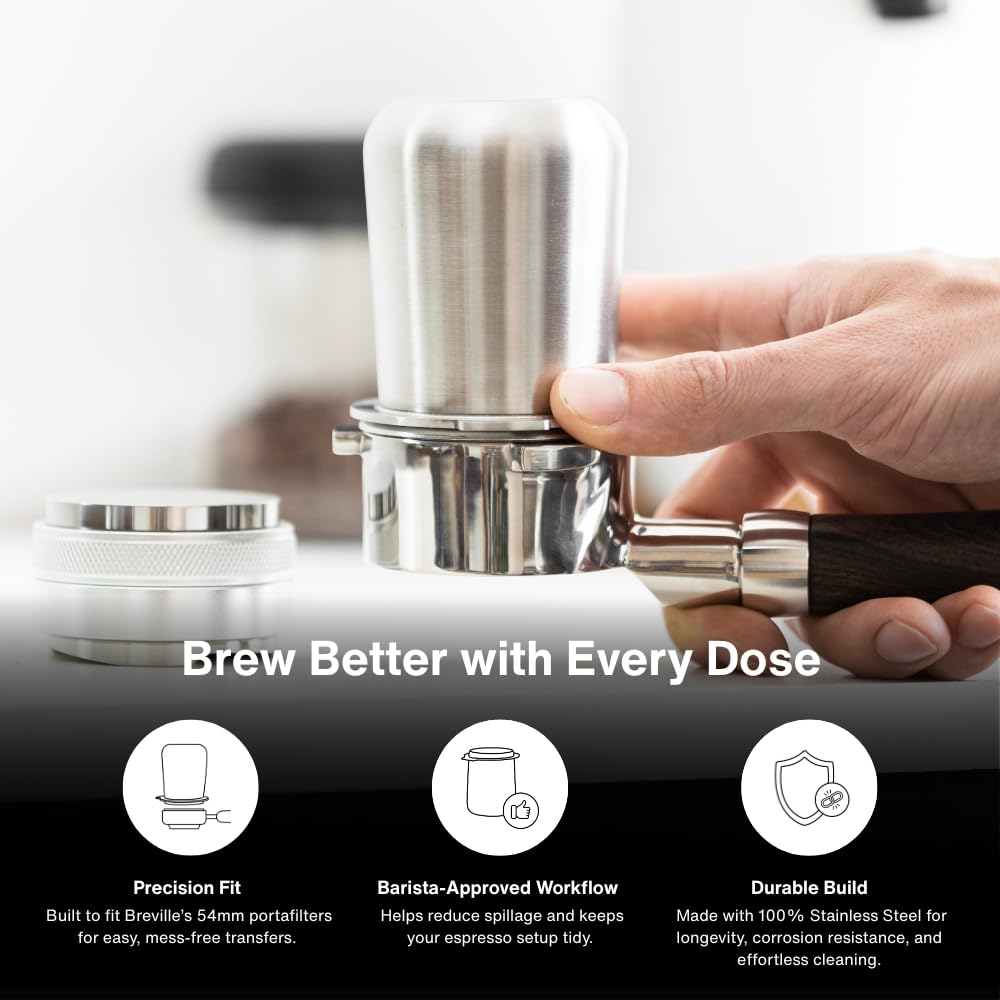 CREMA Coffee Products 54mm Dosing Cup | Compatible with any 54mm Portafilters | Durable 100% Stainless Steel | Built-In Grinder Tab for Easy Transfer | Sleek, Mess-Free Design | Black Finish