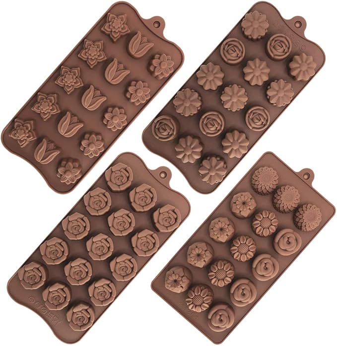 4 Pack Flower Shape Silicone Molds Chocolate Candy Mold, DanziX Silicone Mold for Wedding,Festival, Parties, DIY Enthusiasts-15 Cavity