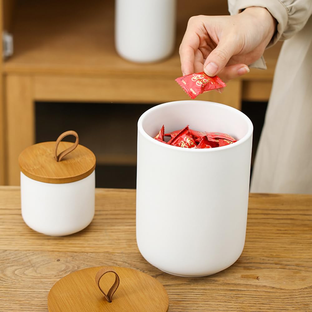 Jueison Ceramic Storage Jars, Modern Airtight Canisters with Wooden Lid (White medium)