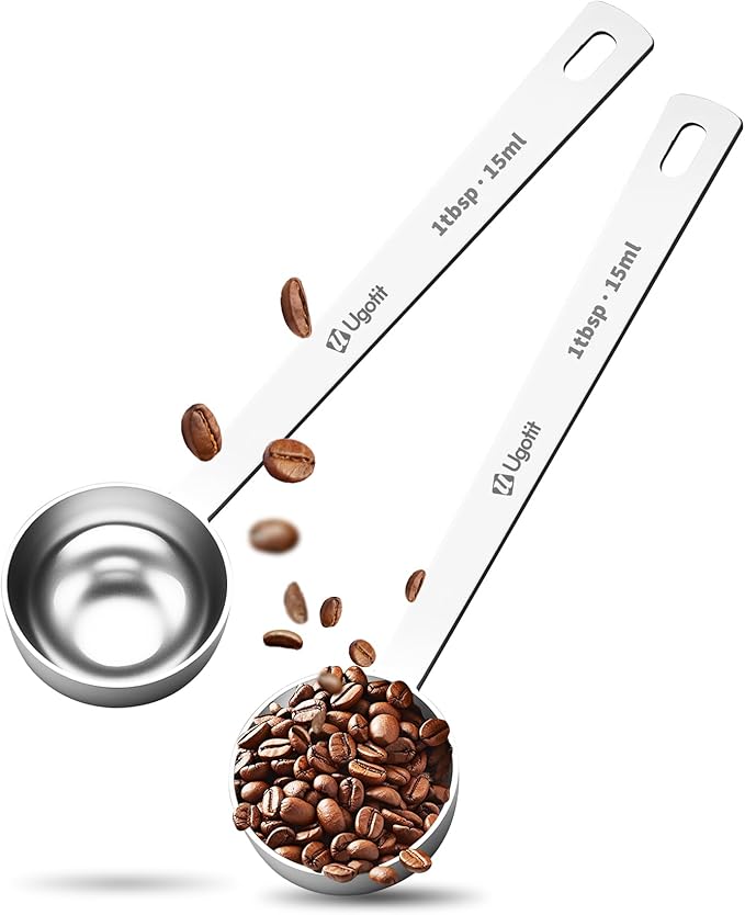 Coffee Scoop 1 Tablespoon, Long Handle Measuring Spoons Set for Coffee, Tea, Flour, Spices - 304 Stainless Steel with Hanging Hole (Pack of 2)