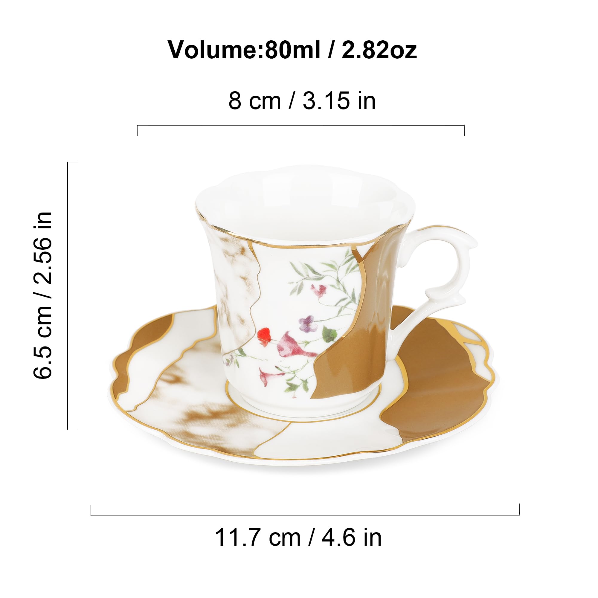 fanquare 2.5 Ounce Demitasse Cup and Saucers, 12 Pieces Ceramic Espresso Cups Set of 6, Brown Marble Pattern Espresso Mugs for Coffee Bar Home