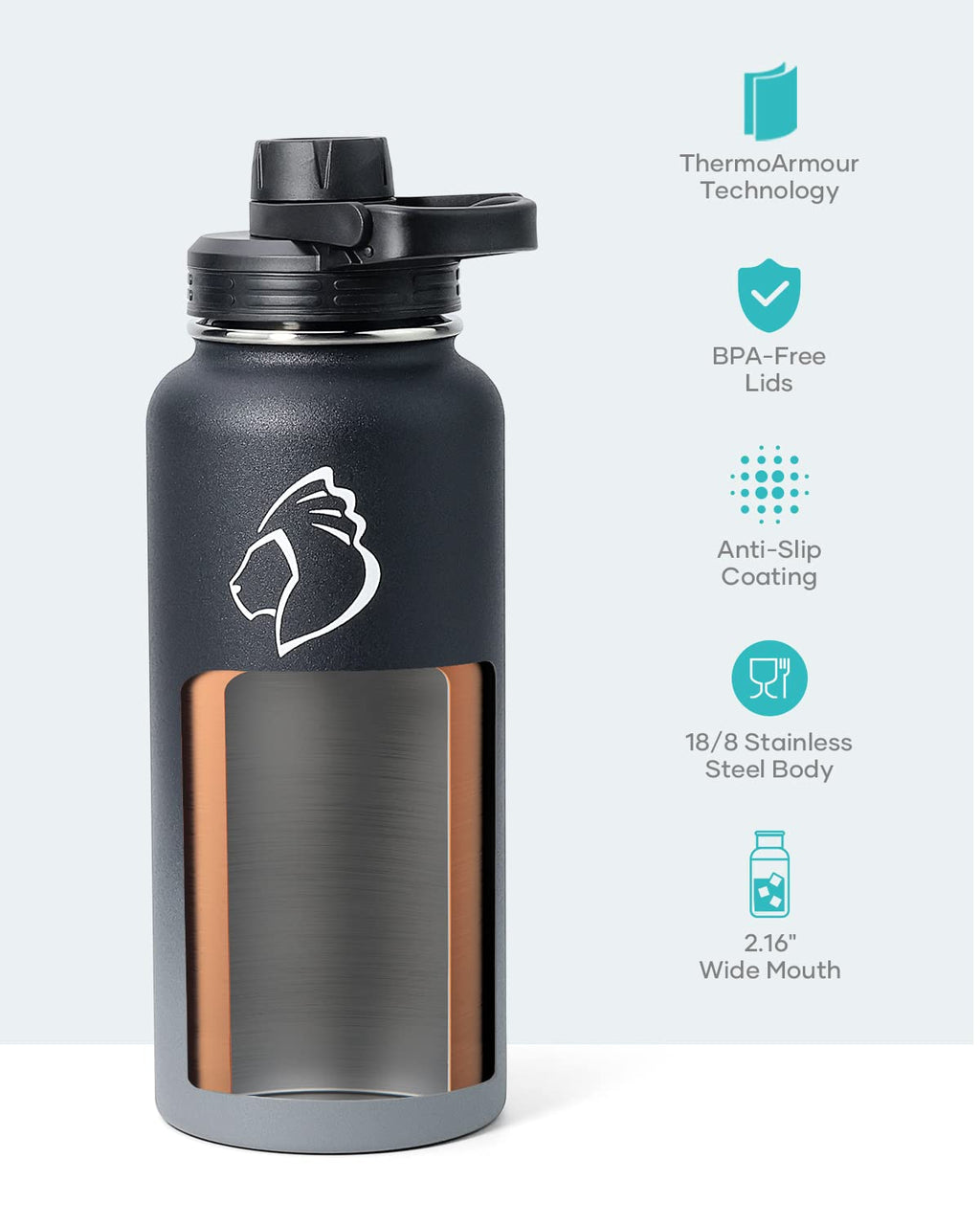 BUZIO 32 oz Water Bottle Insulated with Straw & 3 lid and Carrying Pouch, Leak Proof Anti-Slip Stainless Steel Water Flask Jug, Cold for 48 Hrs Double Vacuum Thermo Canteen, BPA-Free, Shadow