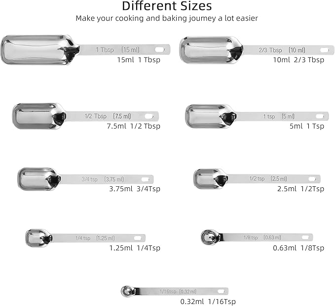 Stainless Steel Measuring Spoons - 10 Piece Set, Metric & US, Long Handle, Ideal for Kitchen & Baking, Includes 1/16Tsp & 2/3Tbsp for Spice Jars