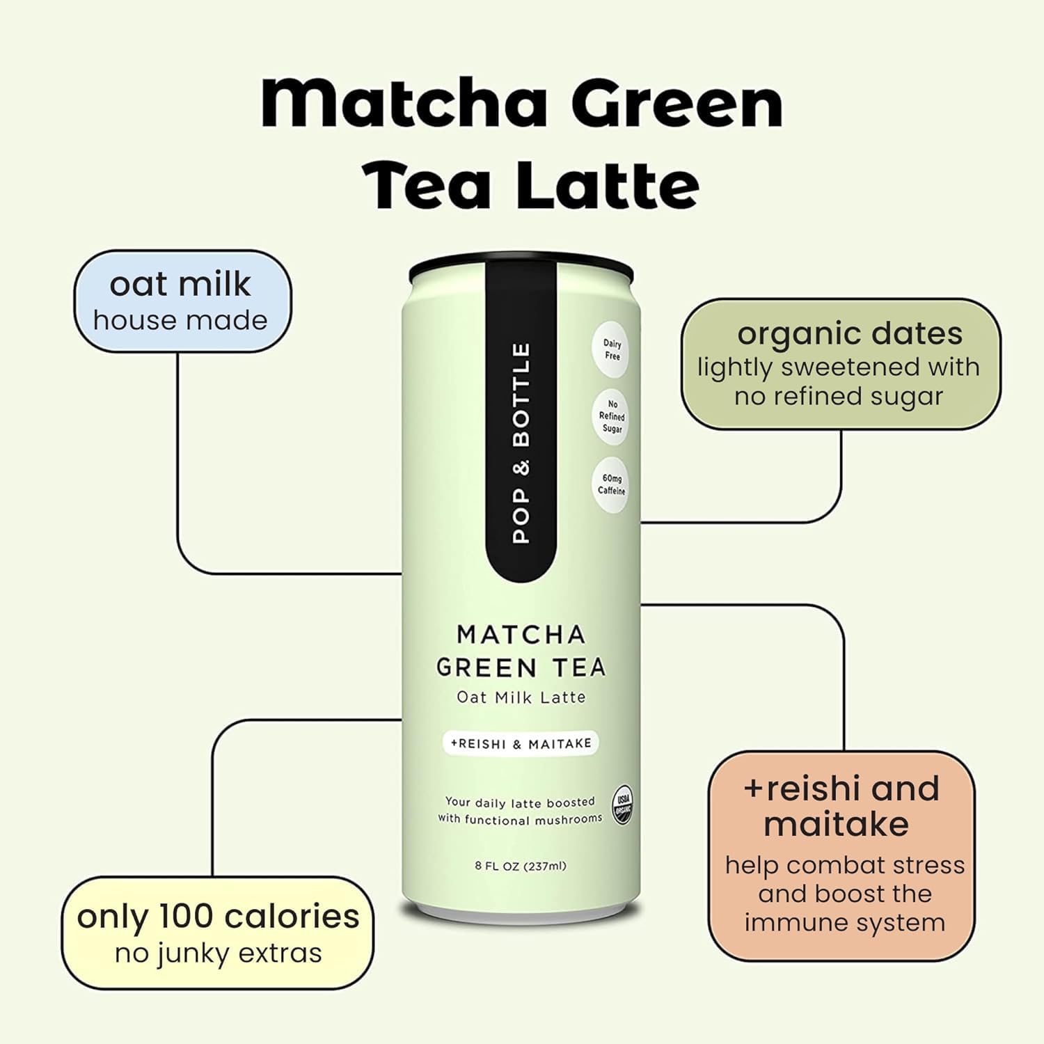Pop & Bottle - Lattes - Classic & Matcha, 8 Fl Oz (Pack of 12), 6 Each