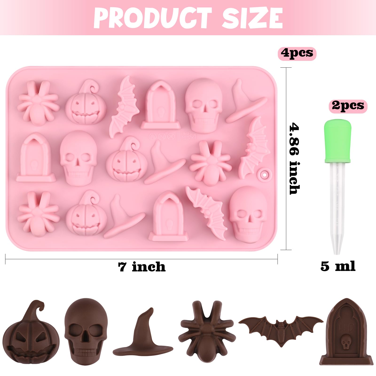 Actvty Halloween Chocolate Silicone Mold, 4 Packs Candy Gummy Molds of 18 Cavity with Skull Pumpkin Ghost Witch Hat Bat Spider Tombstone Shapes for Baking Chocolate Gummy Jelly Dessert