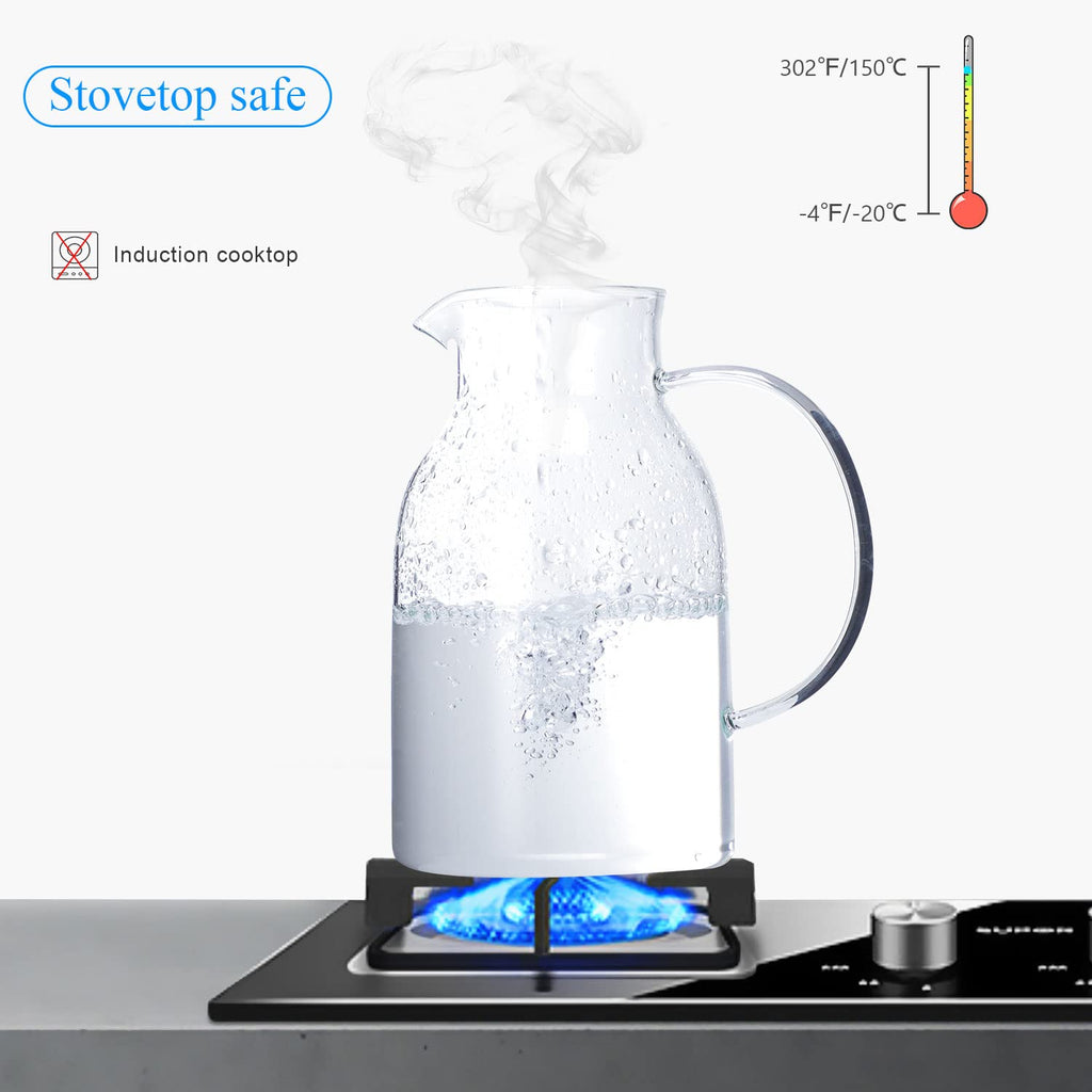 Glass Water Pitcher with Lid and Spout, 68oz/2L Borosilicate Glass