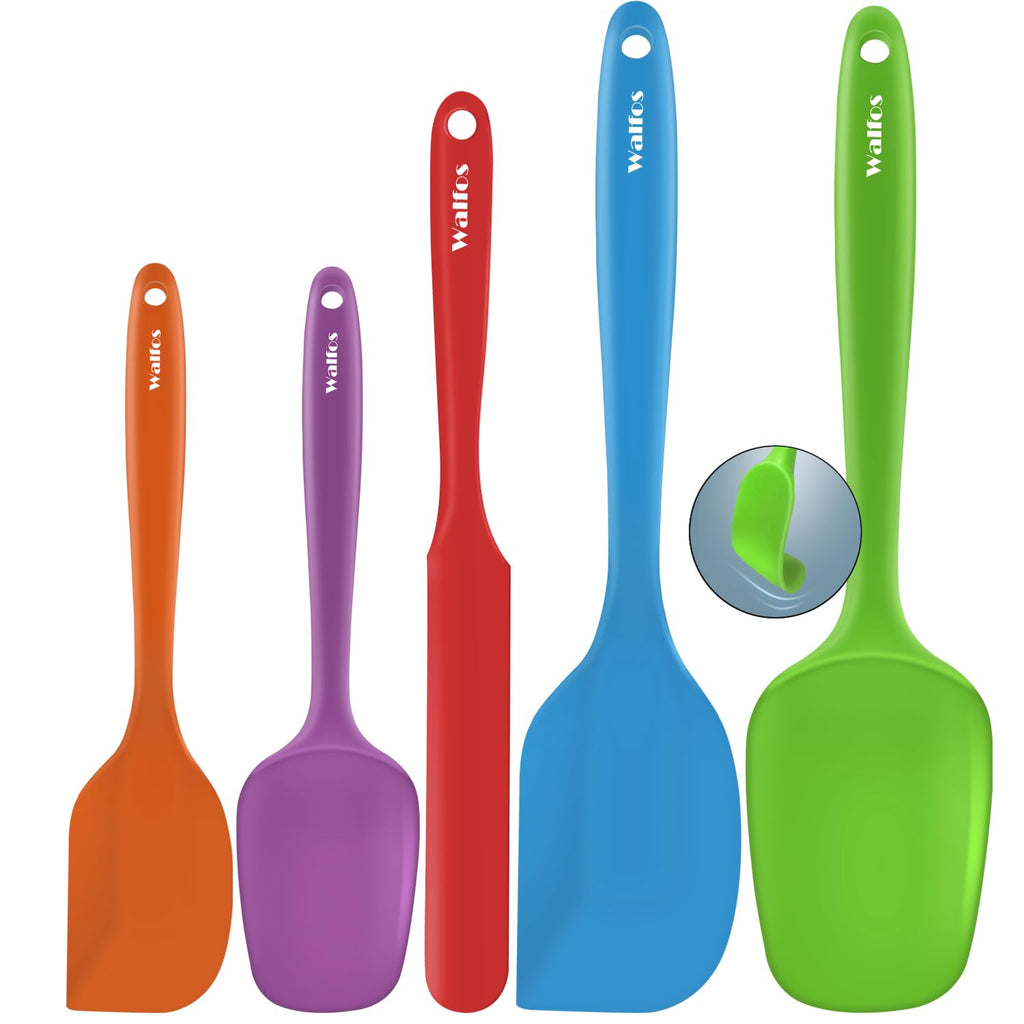 Walfos Silicone Spatula -600°F Heat Resistant Kitchen Scraper Spatulas, Strong Steel Core and One-Pieces Design, for Cooking Mixing Baking - BPA Free and Dishwasher Safe, Multicolor set of 5