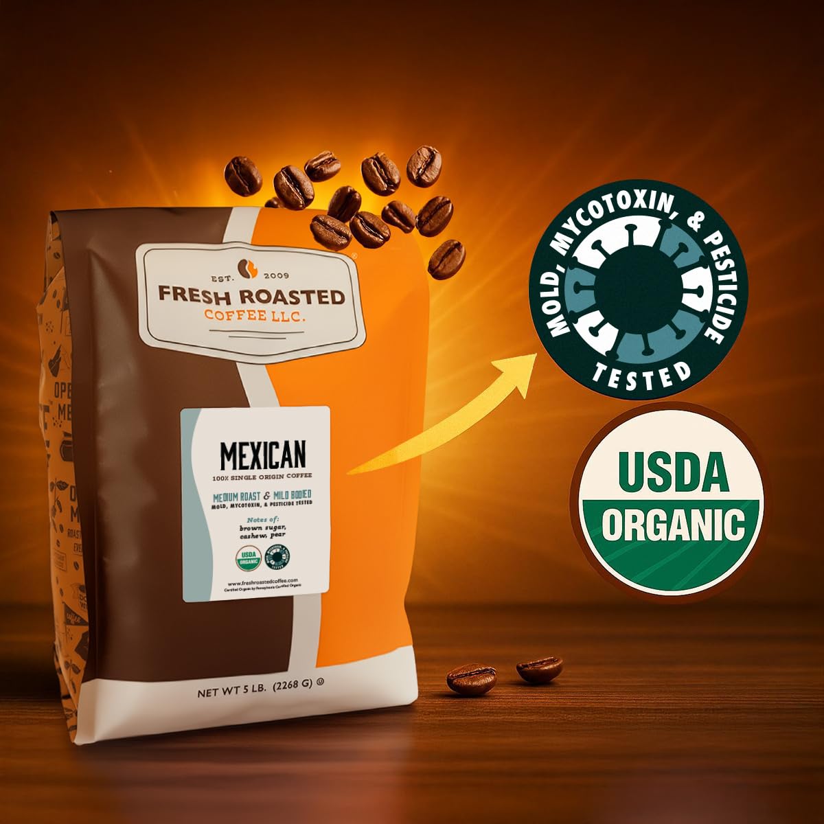 Fresh Roasted Coffee, Organic Mexican Drip Ground Coffee, Medium Roast, USDA Organic, 3rd Party Tested for Mold, Mycotoxin & Pesticides, Kosher, 5 lb (80 oz)