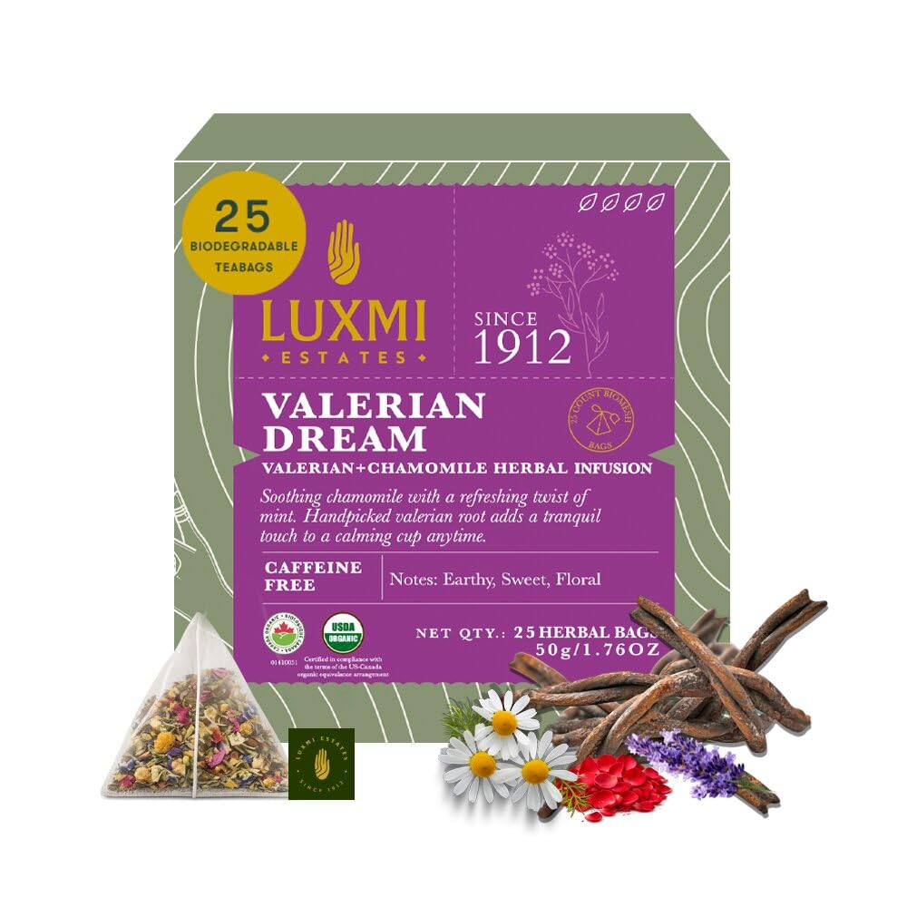 Luxmi Estates Valerian Dream Tea | 25 Pyramid Tea Bags (50g, 1.76oz) | USDA Organic Five-Herb Blend with Valerian Root, Chamomile, Lavender, Rose Petals & Peppermint | Caffeine-Free, Vegan
