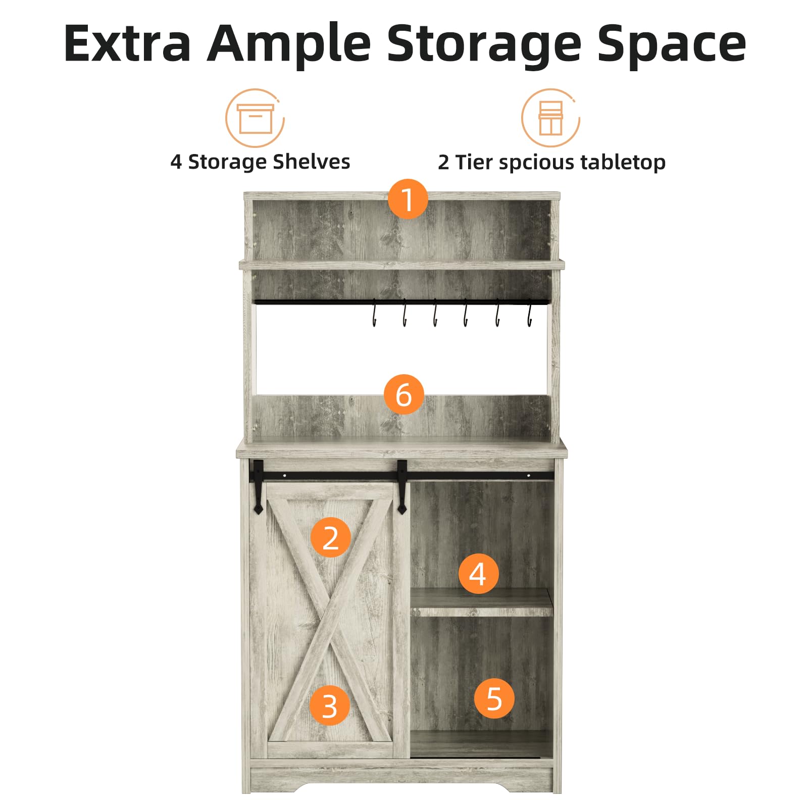 BestHaped Farmhouse Coffee Bar with 3 Tier Storage Hutch, 56 Inch Small Coffee Station with 6 Hooks, Corner Bar Table with Adjustable Shelves for Living Dining Room (Grey)