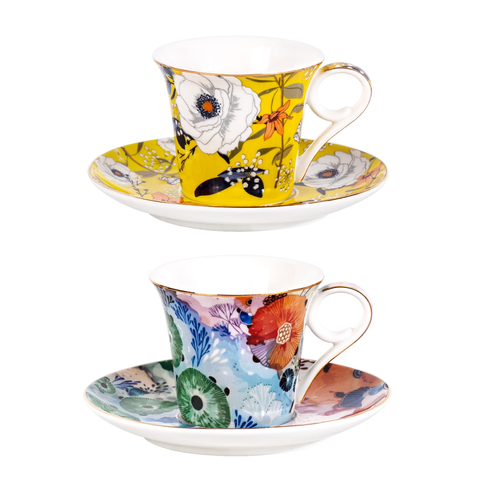 KAMMAK Tea Cups and Saucers Set of 2, 5.7 oz Porcelain Coffee Cups, 567N