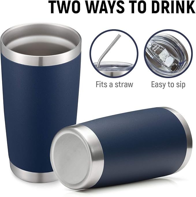 COMOOO 20oz Double Wall Vacuum Insulated Travel Mug Bulk Stainless Steel Tumbler with Lid and Straw Durable Powder Coated Insulated Coffee Cup for Cold & Hot Drinks (Navy, 12 pack