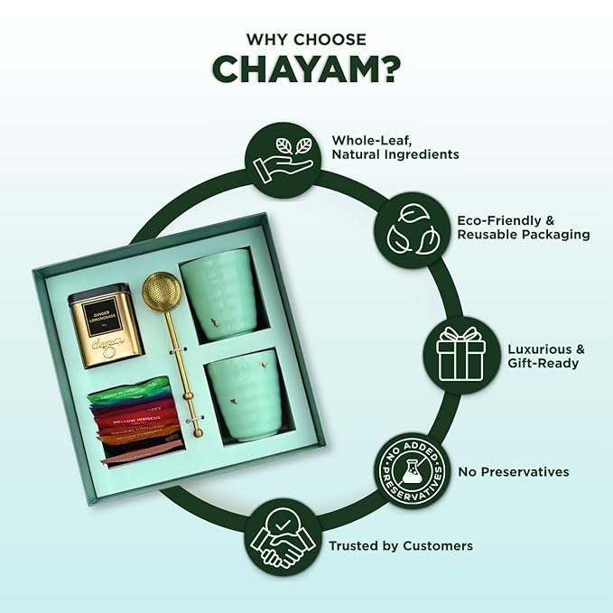 CHAYAM Tea Lover's Luxury Gift Basket with Cups & Infuser | 10 Assorted Tea Bags, Ginger Lemongrass Herbal Loose Leaf 50g/1.76oz, 2 Mugs & Lead-Free Premium Brass Infuser | Self-Care Gifts for Mom and Her
