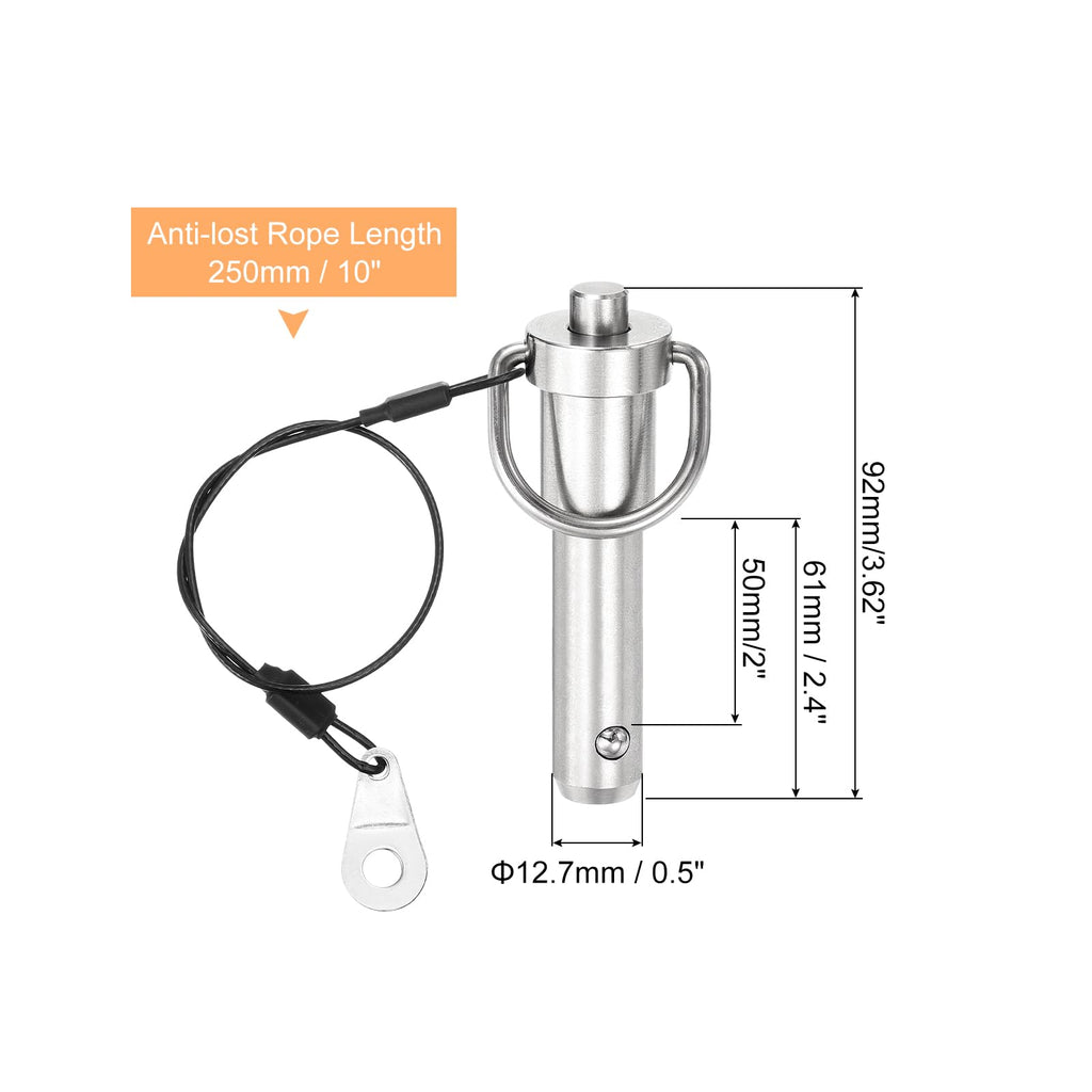 uxcell 1 Pcs Quick Release Pin, 1/2" x 2"(Dia. x L) Push-Button Ball Locking Pin 304 Stainless Steel Ring Handle Locking Pin with Wire for Audio Bimini Top Marine, Silver