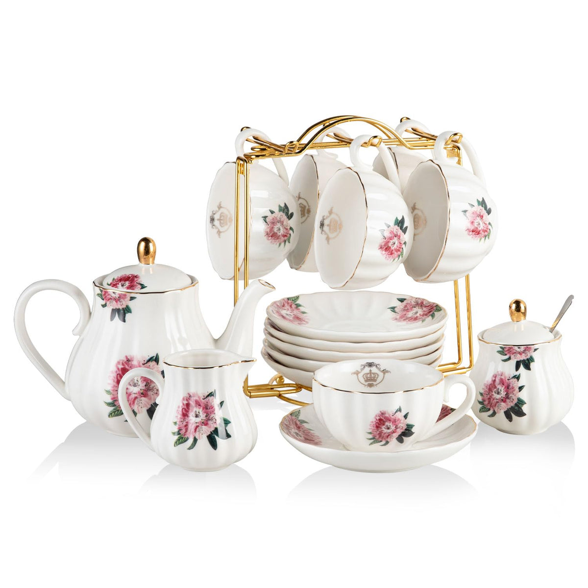 Sweejar Porcelain Tea Sets British Royal Series, 8 OZ Cups & Saucer Service for 6, with Teapot Sugar Bowl Cream Pitcher Teaspoons and Tea Strainer, Suitable for High Tea, Wedding, Party(Blush Pink)