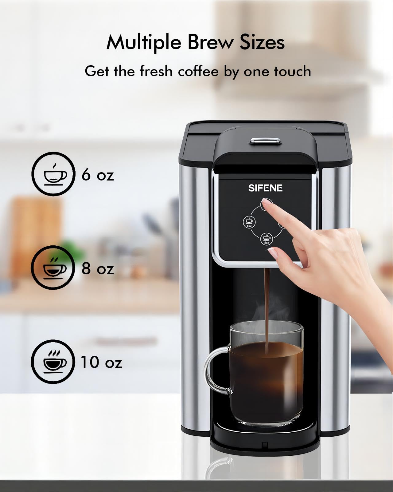 SIFENE Quick Brew Single Serve Coffee Maker, Versatile 3-in-1 Design for Coffee Pods, Ground Coffee, & Loose Tea, Adjustable 6-12oz Cup Sizes, Large 50oz Removable Water Tank, 1150W, Compact, Black