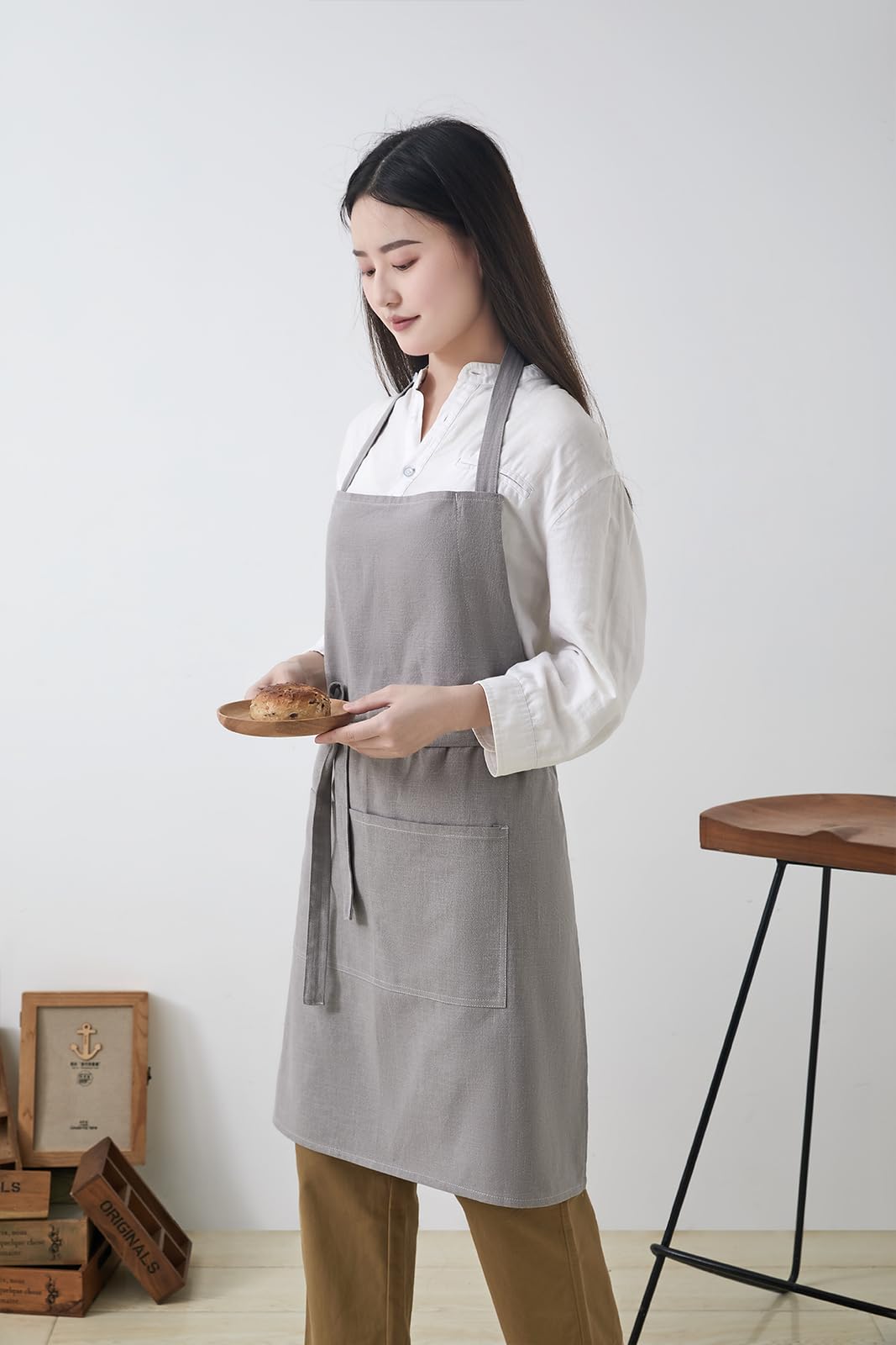 Tobyan Cotton Linen Apron for Women - Adjustable Casual Apron with Pocktes, Great for Florist, Coffee House and Kitchen (Light Grey)