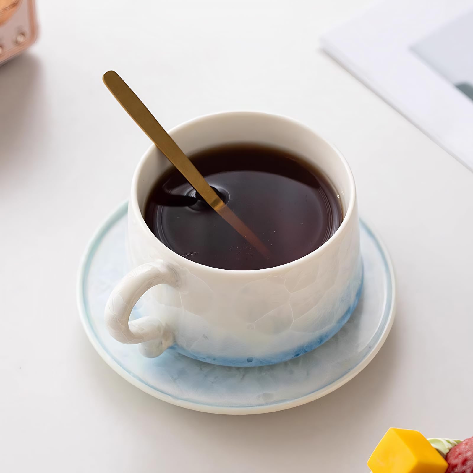 KAMMAK Tea Cups and Saucers Set of 2, 7.5 oz Glaze Coffee Mugs, 724N