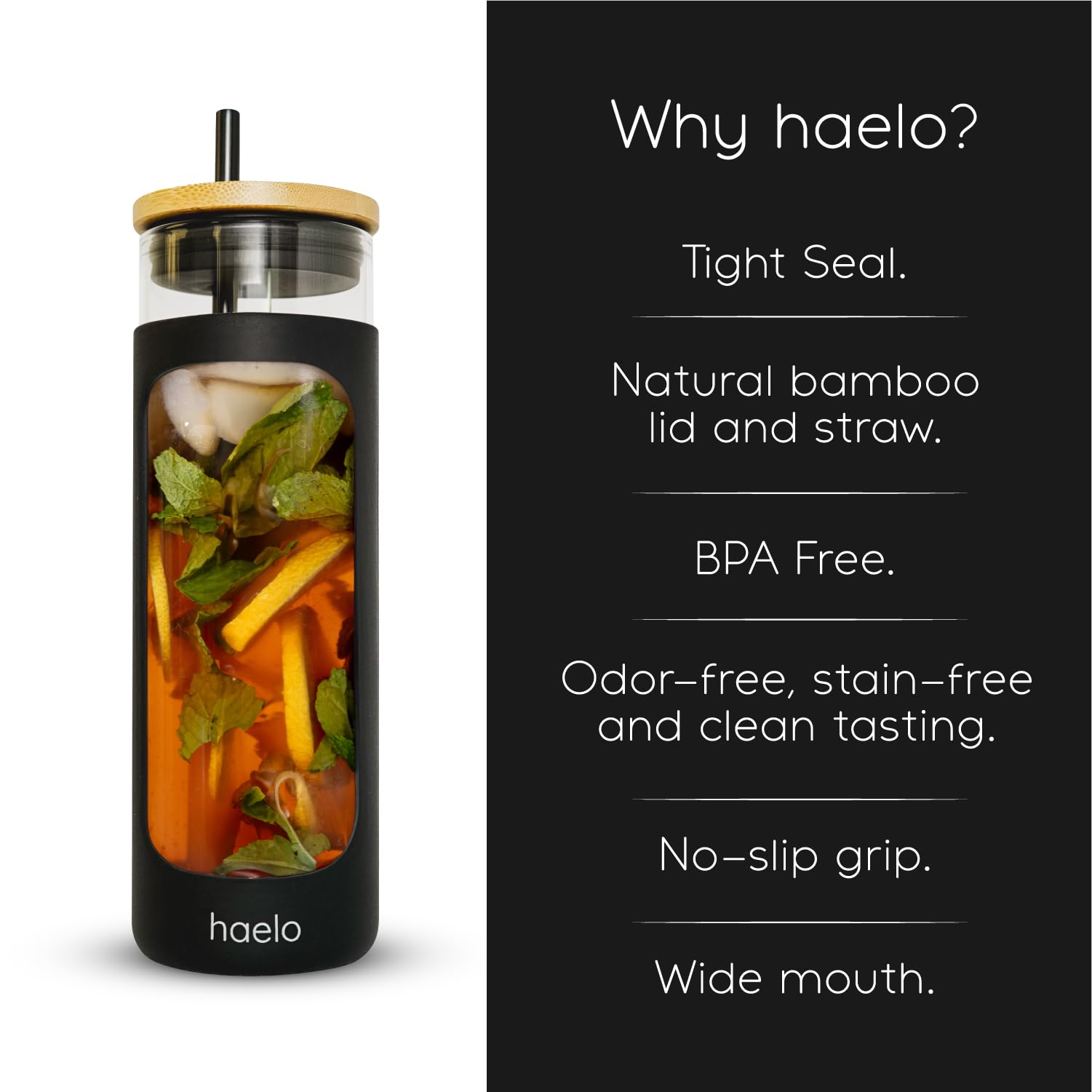 haelo 20oz Glass Tumbler Water Bottle, Iced Coffee Cup with Straw, Silicone Protective Sleeve, Bamboo Lid Reusable BPA Free (Amber)