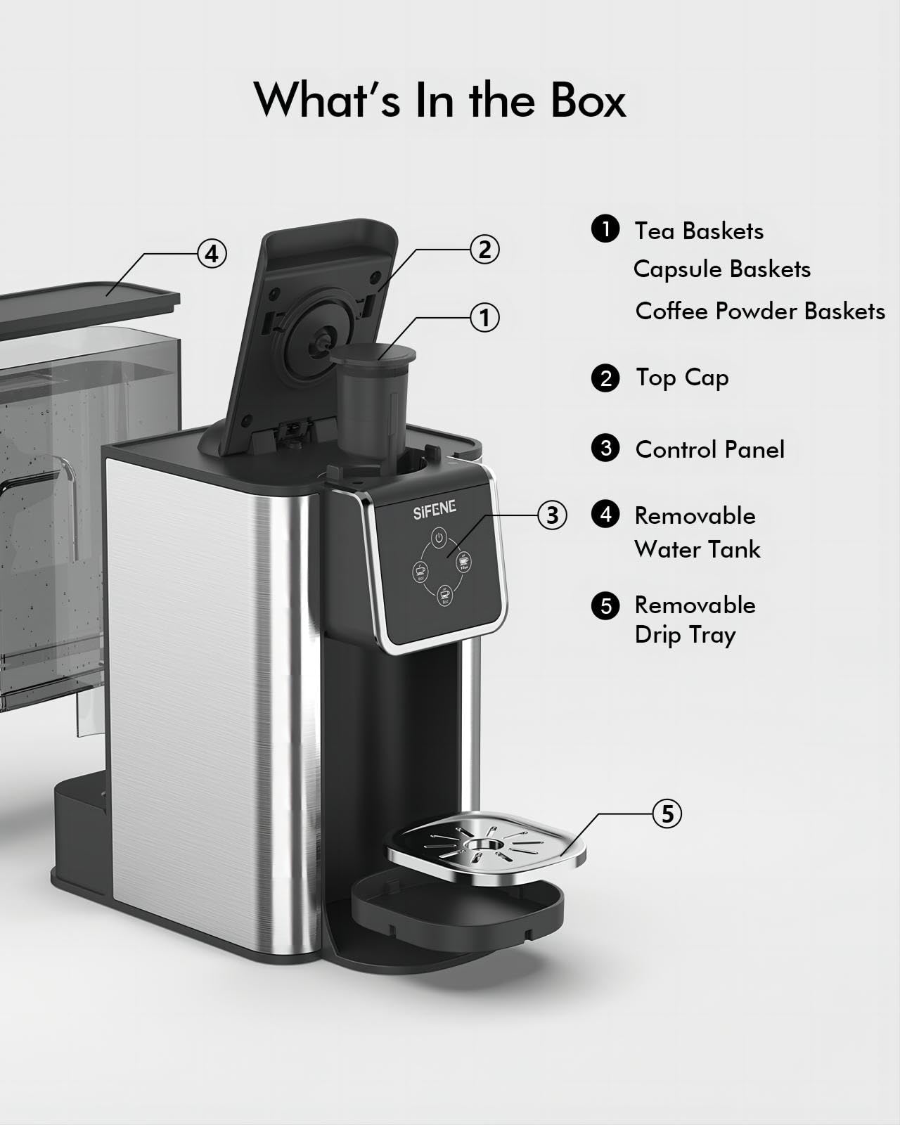 SIFENE Quick Brew Single Serve Coffee Maker, Versatile 3-in-1 Design for Coffee Pods, Ground Coffee, & Loose Tea, Adjustable 6-12oz Cup Sizes, Large 50oz Removable Water Tank, 1150W, Compact, Black